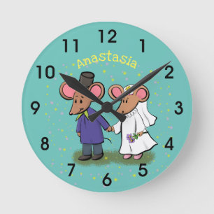Cute mouse couple cartoon illustration round clock