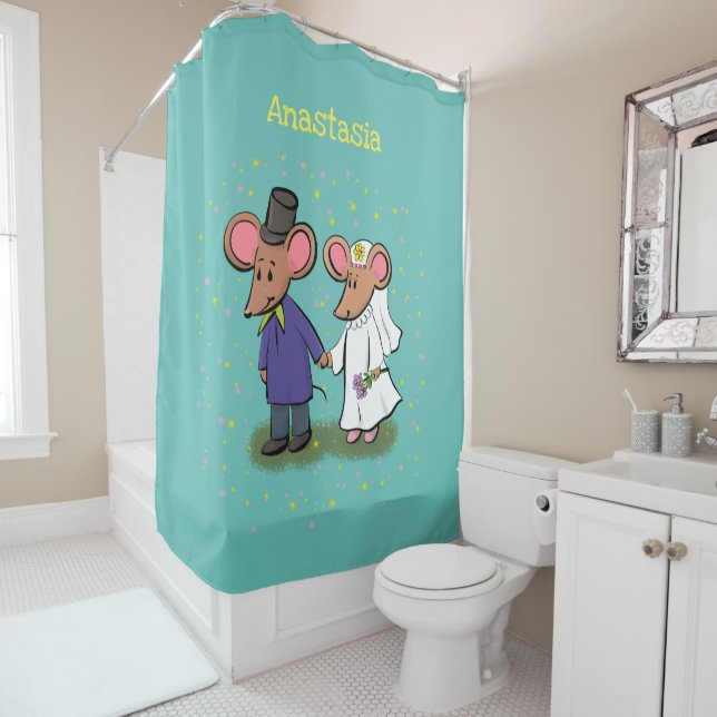Cute mouse couple cartoon illustration shower curtain (In Situ)