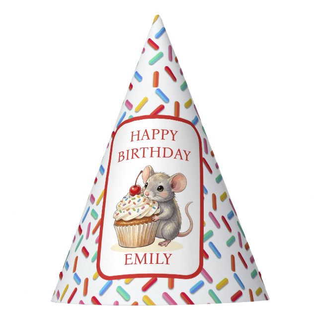Cute Mouse, Cupcakes and Sprinkles Birthday Party Hat (Front)