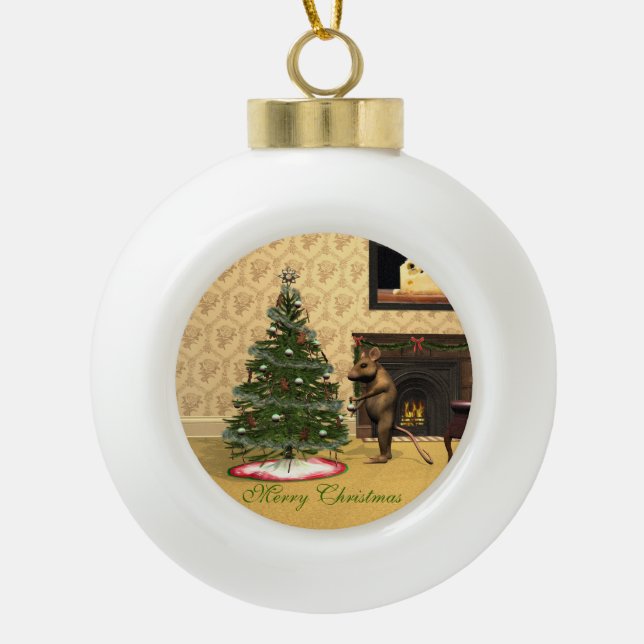 Cute Mouse Decorating a Christmas Tree Ceramic Ball Christmas Ornament (Front)