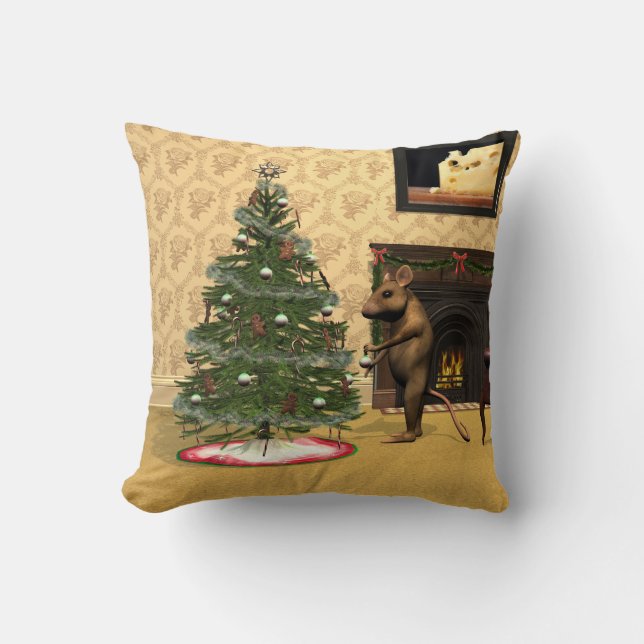 Cute Mouse Decorating a Christmas Tree Cushion (Front)