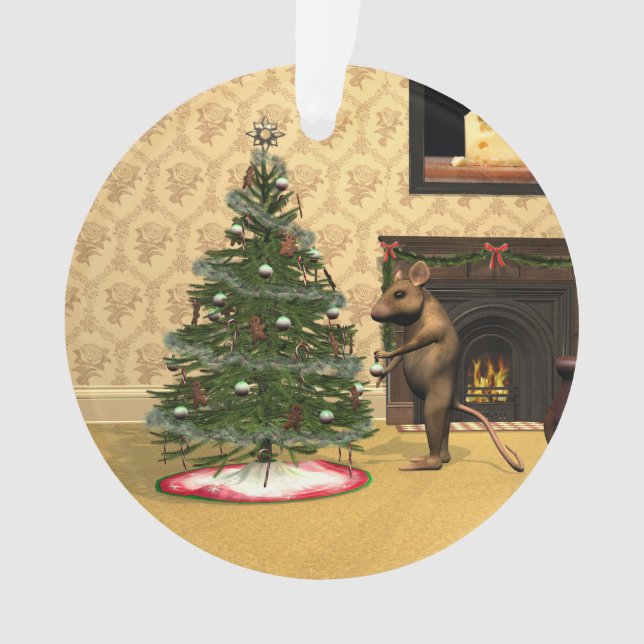 Cute Mouse Decorating a Christmas Tree Ornament (Front)