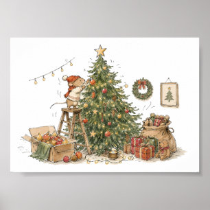 Cute Mouse Decorating Christmas Tree for Animal Lo Poster