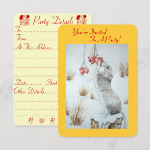 Cute mouse eating berries snow scene at christmas invitation