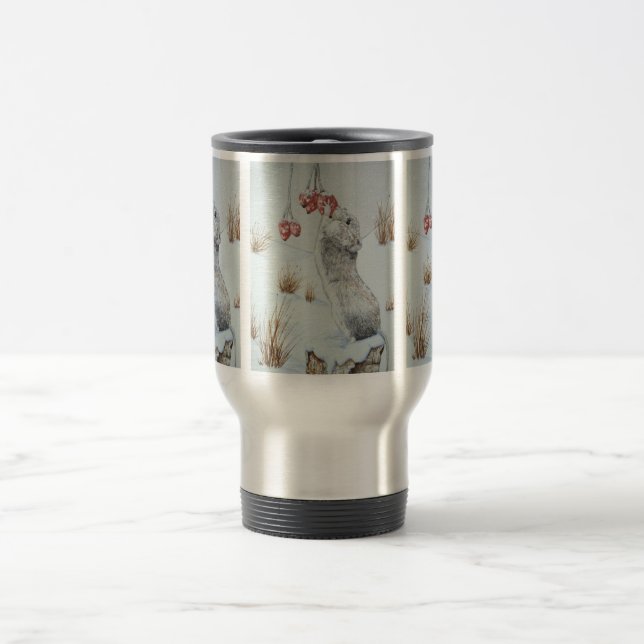 Cute mouse eating berries snow scene wildlife travel mug (Center)