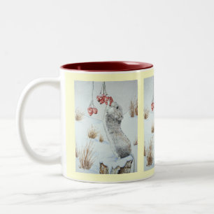 Cute mouse eating berries snow scene wildlife Two-Tone coffee mug