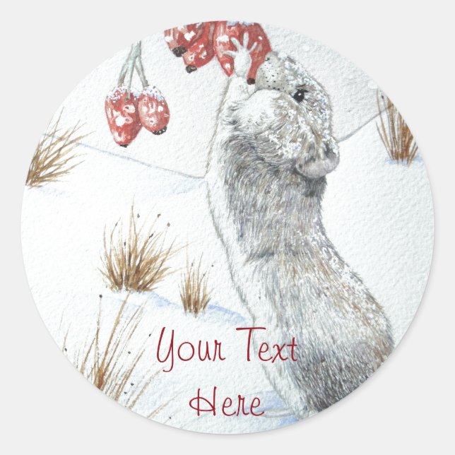 Cute mouse eating berries wildlife snow scene classic round sticker (Front)