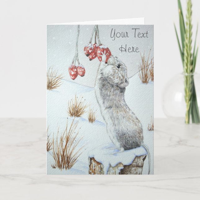 Cute mouse eating berries wildlife snow scene holiday card (Front)