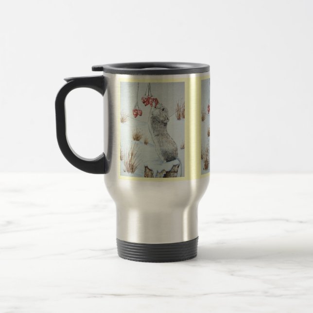 Cute mouse eating berries wildlife snow scene travel mug (Left)