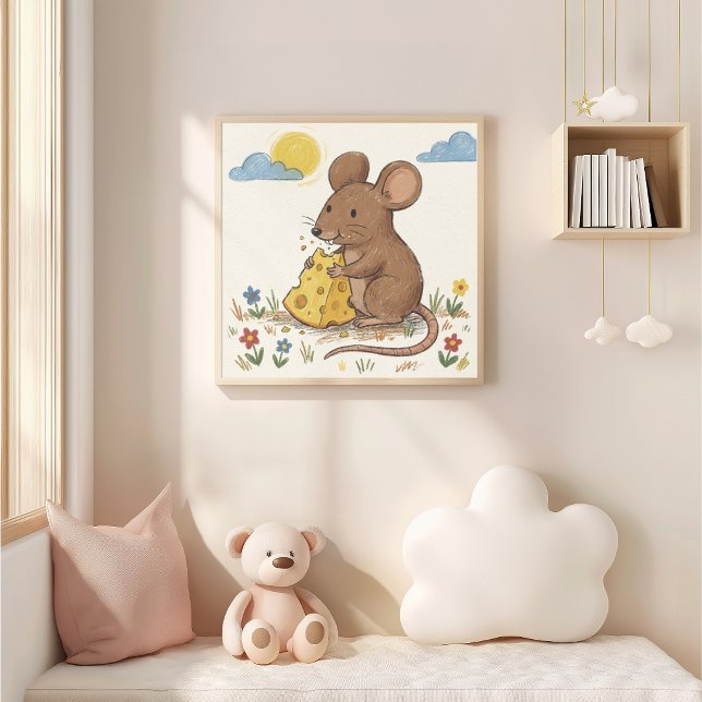 Cute Mouse Eating Cheese Crayon Drawing Kid Poster (Creator Uploaded)