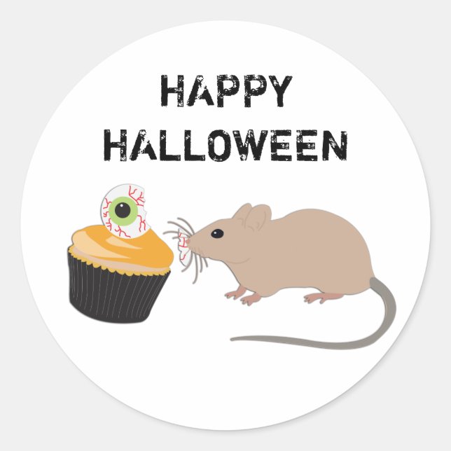 Cute Mouse Eating Halloween Eyeball Cupcake Classic Round Sticker (Front)