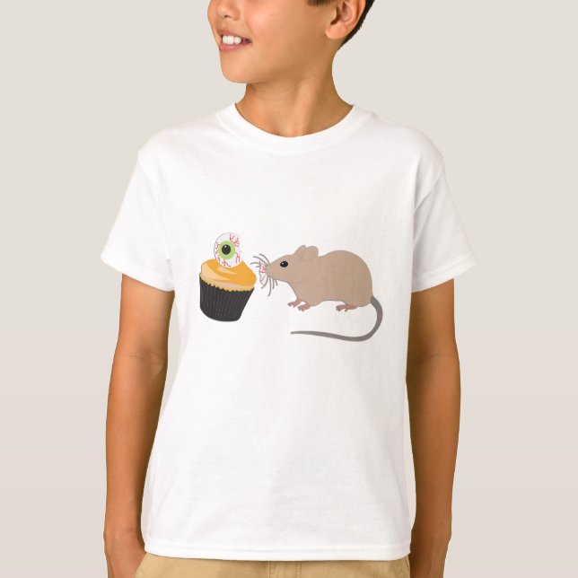 Cute Mouse Eating Halloween Eyeball Cupcake T-Shirt (Front)
