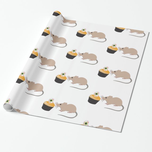 Cute Mouse Eating Halloween Eyeball Cupcake Wrapping Paper (Unrolled)
