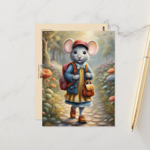 Cute mouse girl on her way to school, custom postcard