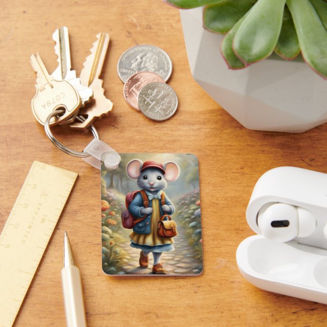 Cute mouse girl on her way to school, personalise  key ring (Desk)