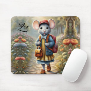 Cute mouse girl on her way to school, personalised mat