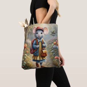 Cute mouse girl on her way to school,personalised  tote bag