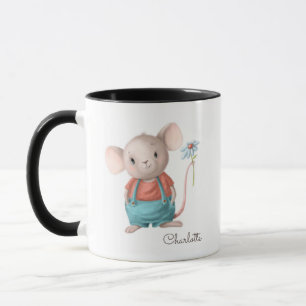 Cute Mouse Holding Flower Personalised Name Mug