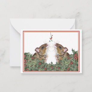 Cute mouse, holly and mistletoe gift-tag/Flat Card