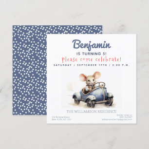 Cute Mouse in a Car Kids Birthday Party Invitation