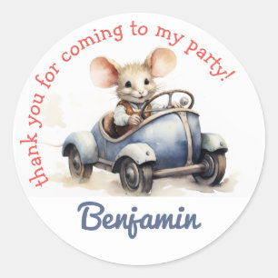 Cute Mouse in a Car Kids Birthday Thank You Classic Round Sticker