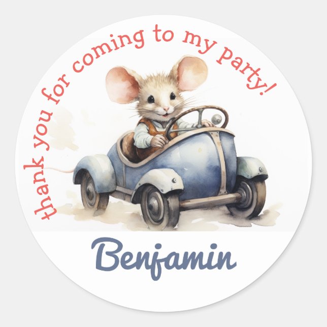 Cute Mouse in a Car Kids Birthday Thank You Classic Round Sticker (Front)