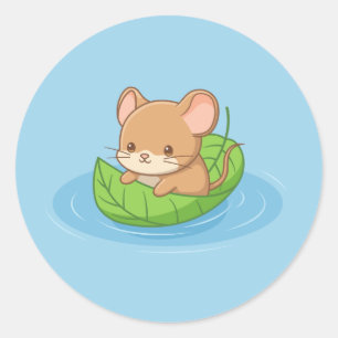 Cute Mouse in a Leaf Boat Blue Classic Round Sticker