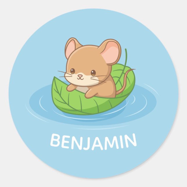 Cute Mouse in a Leaf Boat Blue Custom Name Classic Round Sticker (Front)
