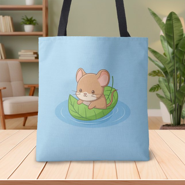 Cute Mouse in a Leaf Boat Blue Tote Bag (Creator Uploaded)