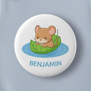 Cute Mouse in a Leaf Boat Custom Name 6 Cm Round Badge