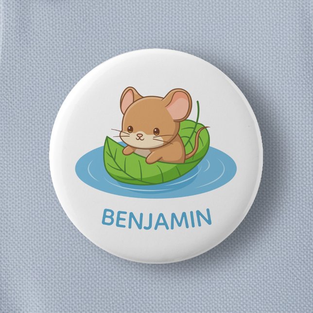 Cute Mouse in a Leaf Boat Custom Name 6 Cm Round Badge (Creator Uploaded)