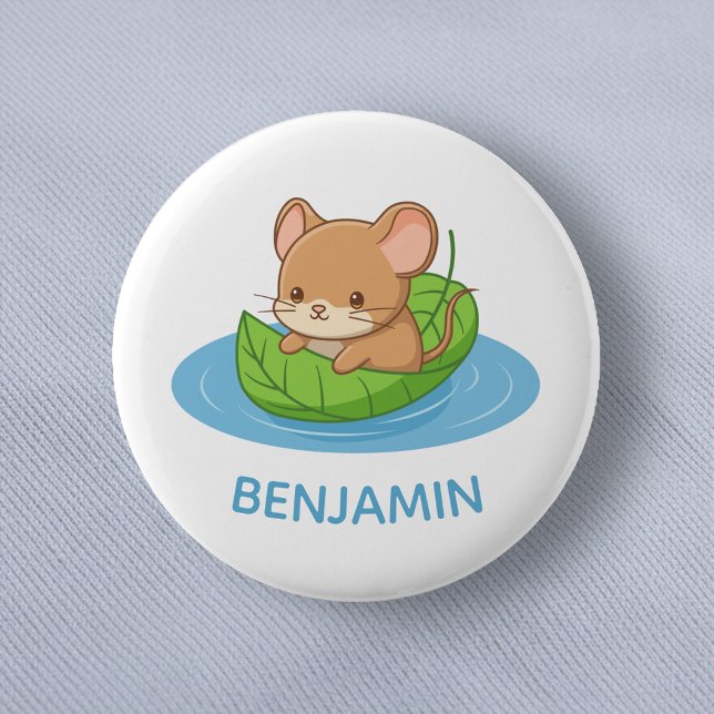 Cute Mouse in a Leaf Boat Custom Name 6 Cm Round Badge (Creator Uploaded)