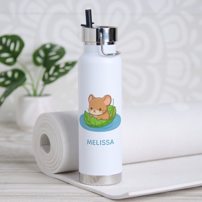 Cute Mouse in a Leaf Boat Custom Name Water Bottle (Yoga (Rotated))