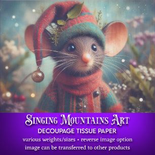 Cute Mouse In Christmas Elf Hat Decoupage Tissue Paper