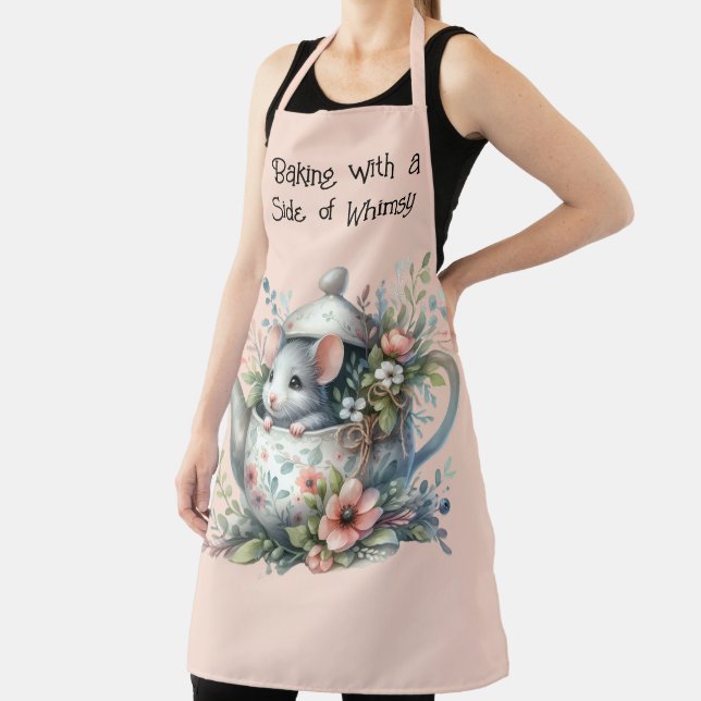 Cute Mouse in Floral Teapot Illustration Apron (Insitu)