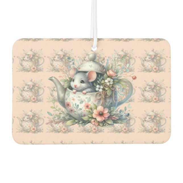 Cute Mouse in Floral Teapot Illustration Car Air Freshener (Front)