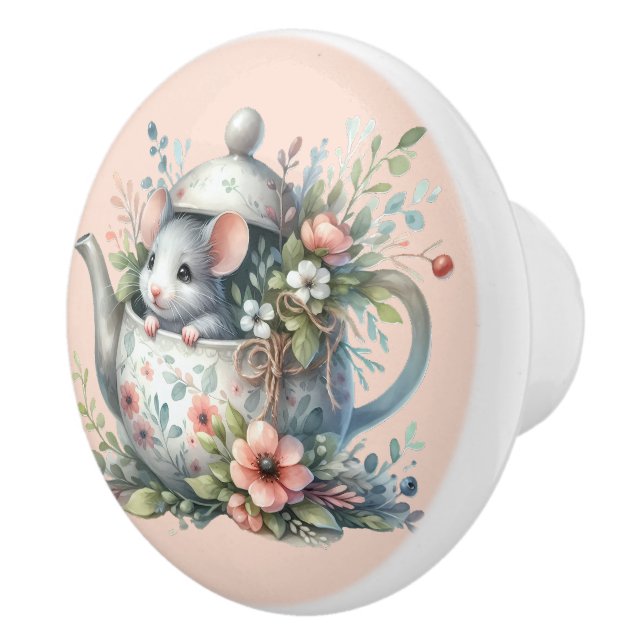 Cute Mouse in Floral Teapot Illustration Ceramic Knob (Right)