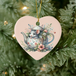 Cute Mouse in Floral Teapot Illustration Ceramic Tree Decoration
