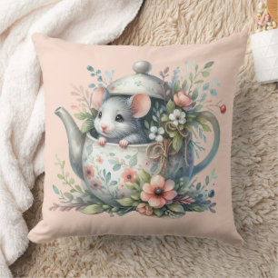 Cute Mouse in Floral Teapot Illustration Cushion