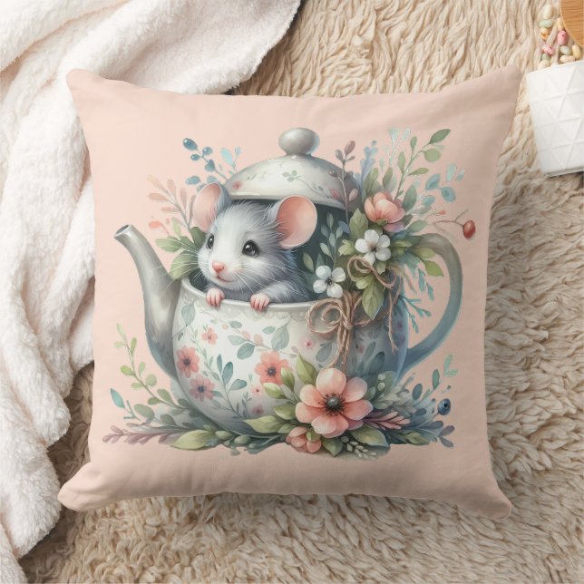 Cute Mouse in Floral Teapot Illustration Cushion (Blanket)