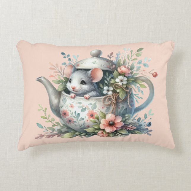 Cute Mouse in Floral Teapot Illustration Decorative Cushion (Front)