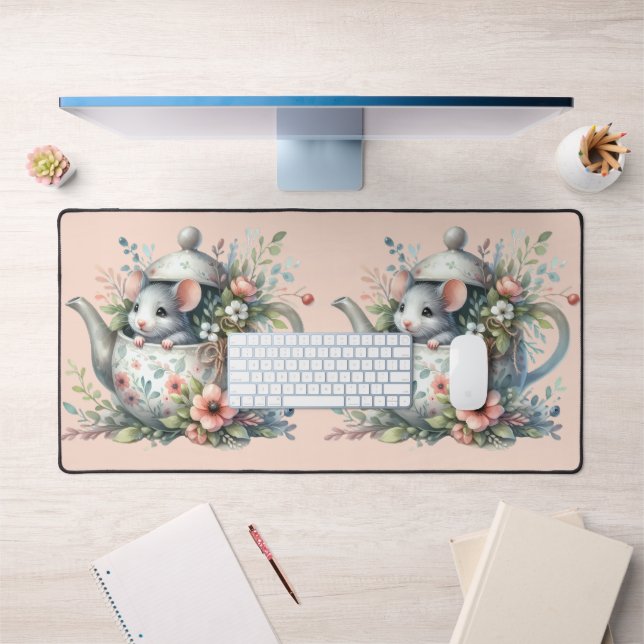 Cute Mouse in Floral Teapot Illustration Desk Mat (Office 1)