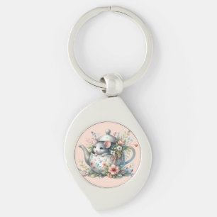Cute Mouse in Floral Teapot Illustration Key Ring
