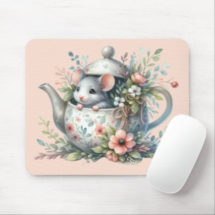 Cute Mouse in Floral Teapot Illustration Mat