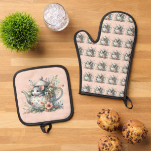 Cute Mouse in Floral Teapot Illustration Oven Mitt & Pot Holder Set