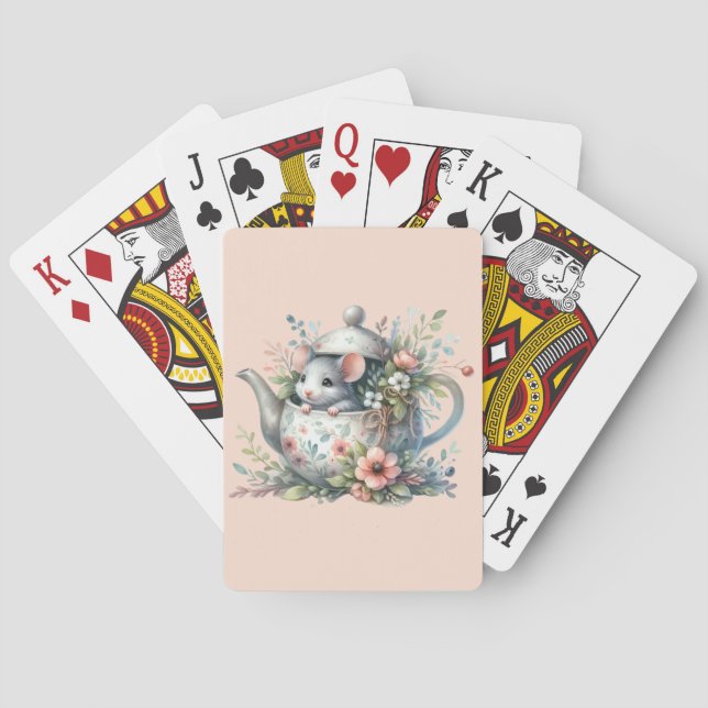 Cute Mouse in Floral Teapot Illustration Playing Cards (Back)