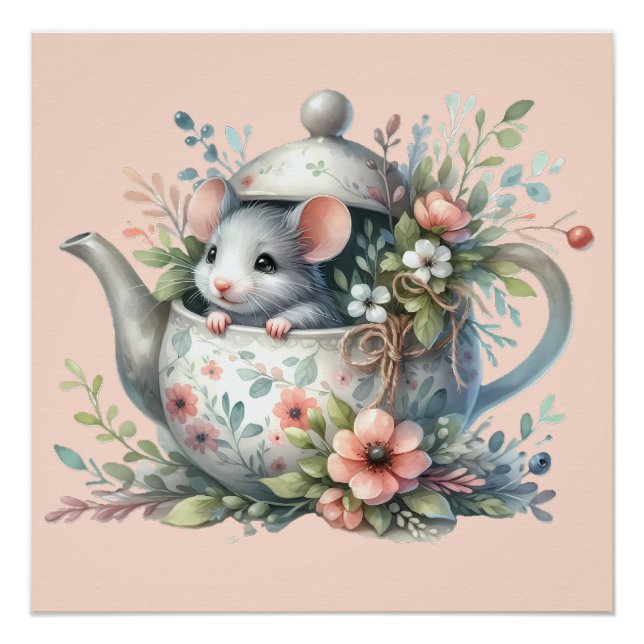 Cute Mouse in Floral Teapot Illustration Poster (Front)