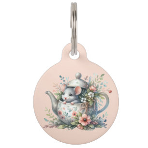 Cute Mouse in Floral Teapot Illustration Teapot Pet Tag
