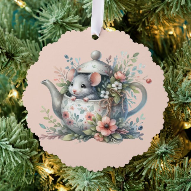 Cute Mouse in Floral Teapot Illustration Tree Decoration Card (Insitu (Tree))