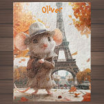 Cute mouse in Paris Sunny Day  Jigsaw Puzzle<br><div class="desc">This beautiful and cute jigsaw puzzle of a mouse enjoying a sunny day in Paris in front of the Elliff Tower. It has a customisation option for the name. this design is specially dedicated to kids who love cartoon characters and watercolors touch in the art. This design is colourful with...</div>